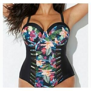 Meet.curve black and floral one piece swimsuit size L